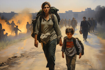 Painting style of war refugees march leaving their homeland.