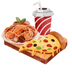 PNG hand draw of fast food set and drinks in watercolor style , dessert set and coffee in wood plate 