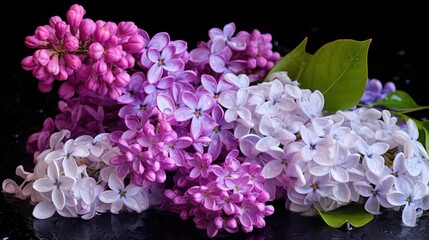 Beautiful lilac flowers on a black background with water drops. Mother's day concept with a space for a text. Valentine day concept with a copy space.