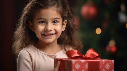 Fototapeta na wymiar A joyful child with curly hair, dressed in red, holds a Christmas gift with a sparkling bokeh light background.