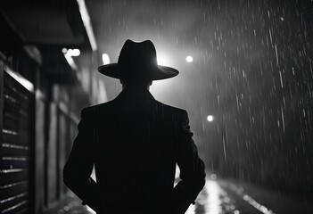 Noir movie back view of 40s detective wearing hat standing under the rain - obrazy, fototapety, plakaty