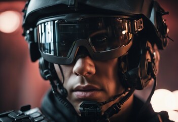 Close up portrait of cruel cyberpunk special forces soldier - obrazy, fototapety, plakaty