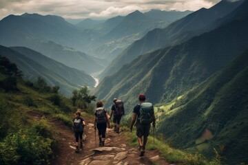 Fototapeta premium Group of adventurous hikers trekking up a rugged mountain trail, surrounded by lush greenery and a breathtaking mountain landscape. AI generative