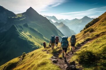Group of adventurous hikers trekking up a rugged mountain trail, surrounded by lush greenery and a breathtaking mountain landscape. AI generative - obrazy, fototapety, plakaty