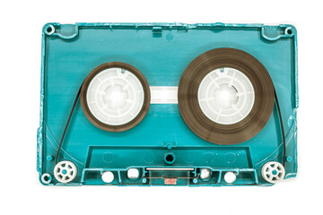 old blue audio cassette tape open