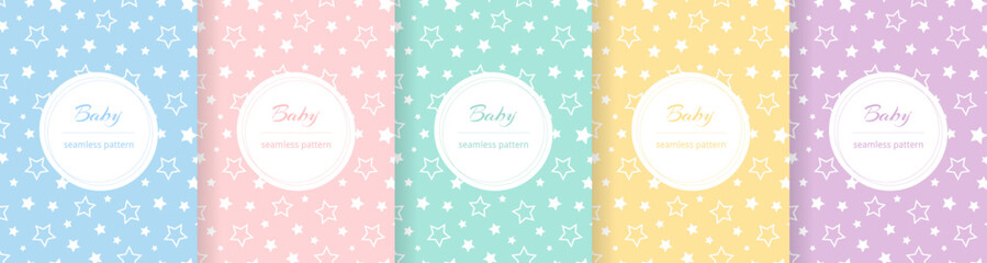 Cute baby seamless pattern. Repeating kid pattern. Girls and boys prints design. Repeated wallpaper. Pastel line. Repeat child background. Soft blue, pink, yellow, green color. Vector illustration