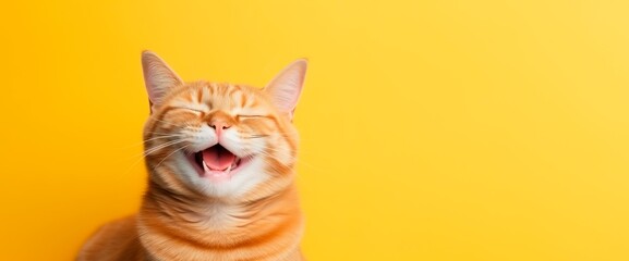 a funny happy  cat is laughing isolated on yellow background, horizontal banner, copy space for text - obrazy, fototapety, plakaty