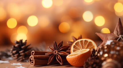 Traditional Christmas Spices and Dried Oranges on Bokeh Lights Background