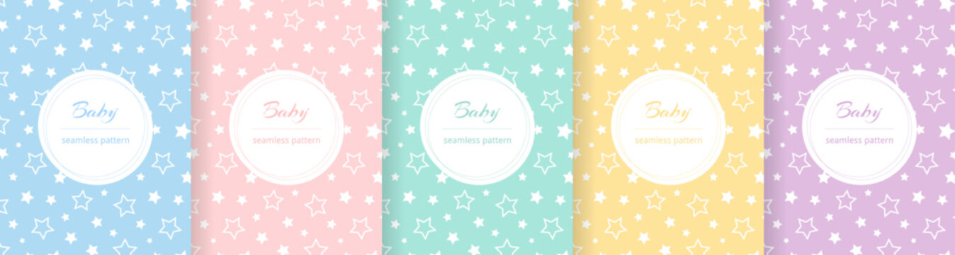 Fototapeta Cute baby seamless pattern. Repeating kid pattern. Girls and boys prints design. Repeated wallpaper. Pastel line. Repeat child background. Soft blue, pink, yellow, green color. Vector illustration