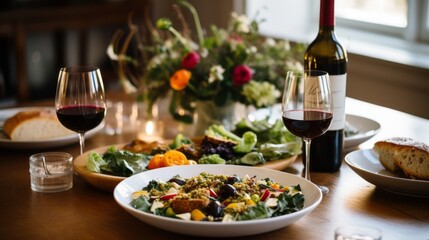 Festive food and wine on a luxurious covered table