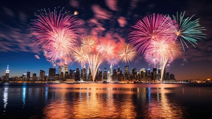 Colorful New Year's Eve fireworks over the city at night, Beautiful reflection in the water