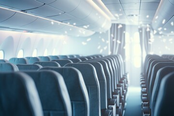 Fototapeta premium Central aisle of a long-haul passenger plane, empty seats in a bright and comfortable space.