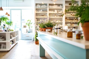 Interior of a bright pharmacy of alternative medicine, homeopathy and naturopathy.