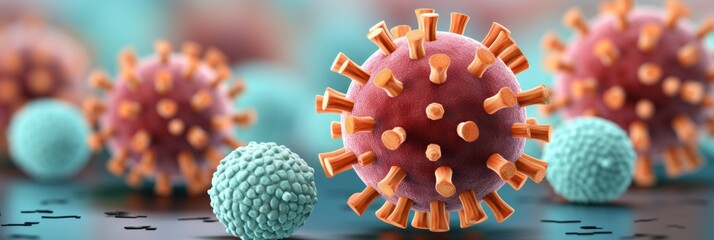 Close up of flu covid 19 virus cell on outbreak influenza background, conceptual image - obrazy, fototapety, plakaty