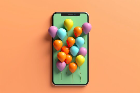 Organize a party using the mobile phone, balloons come out of the screen of a mobile phone.