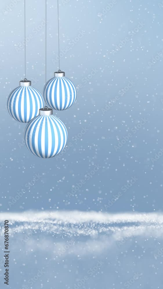 Poster artistic winter snowy waves with snowfall and swinging baubles ornaments loop vertical animation.