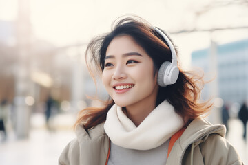 Teen Asian Girl Smiles Walking on Street in Headphones