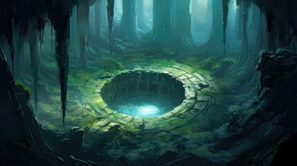 Obraz premium Water well in a deep cavern. Fantasy illustration.