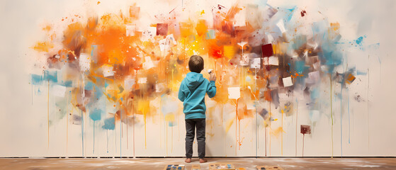 Little boy painting on wall with colorful paint splashes. Creativity concept