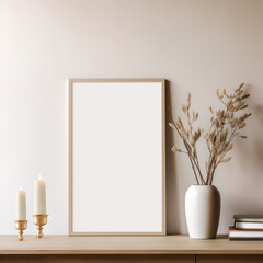 Poster mockup boho picture frame with stacked book and vase