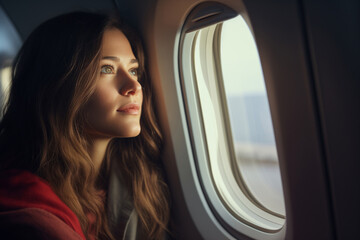 A pretty young woman sitting in a seat in airplane and looking out the window.