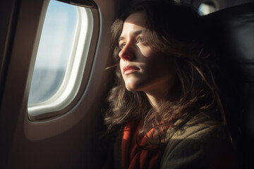 A pretty young woman sitting in a seat in airplane and looking out the window.