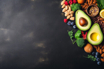 Fresh vegetables on dark wooden rustic table, still life top view. Veganuary
