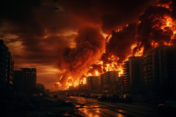 A huge fire cloud in big city covering the sky