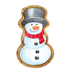 Watercolor snowman gingerbread illustration, Christmas cookie