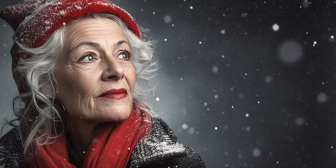 Lovely Older Woman with Woolly Hat, Falling Snowflakes, Gray Backdrop, European Business Charm, Christmas Festivity, AI generated