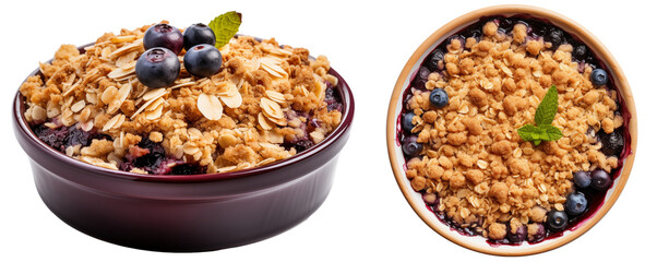 Blueberry crumble with a golden oat topping isolated on white background (top, side view), food bundle