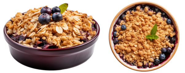 Blueberry crumble with a golden oat topping isolated on white background (top, side view), food bundle
