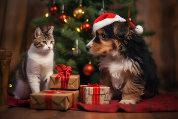 Fototapeta na wymiar Dog and cat interacting with Christmas presents or decorations