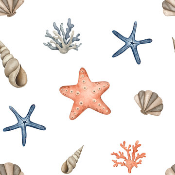 Watercolor seamless pattern of sea shell, marine coral, starfish. Hand drawn watercolor illustration. Marine tropical print for fabric, wallpaper, textile
