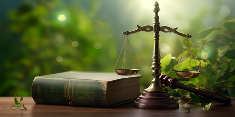 International Law and Environment Law. Green World and gavel with scales of justice and books. law for global economic regulation aligned with the principles of sustainable environmental conservation  - obrazy, fototapety, plakaty