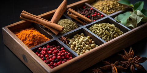Spices and seasonings for taste. Diversity in the Indian spice market. Large selection of seasonings for cooking dishes on a black background 