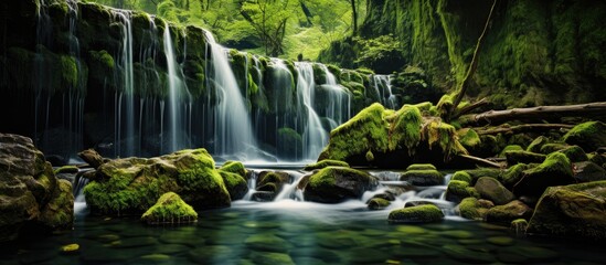 In the midst of nature s vibrant spring the beauty of the greenery is complemented by the striking colors of water as it splashes against the rocks surrounding the beautiful plants with the