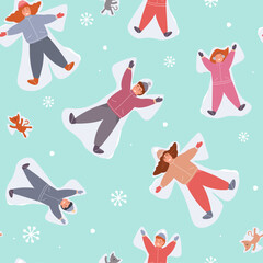 Seamless pattern with characters, people making a snow angel. Winter print with a cheerful family in warm clothes. Vector flat graphics.