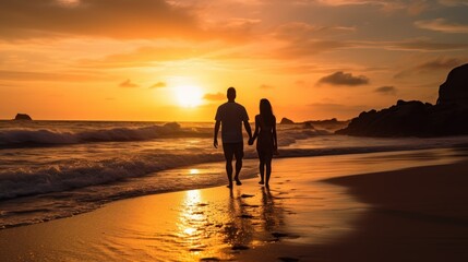 Rear view of silhouette Romantic middle aged couple enjoying beautiful sunset walk on the beach