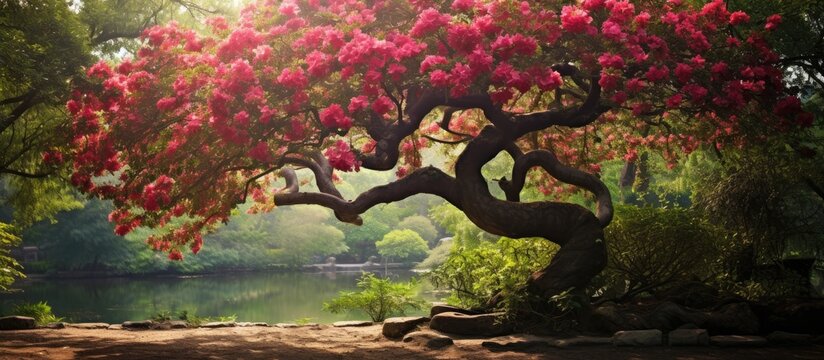 In Japan s vibrant gardens the Chaenomeles tree stands tall adorned with beautiful flowers and lush green leaves its fruit adding a burst of color to the summer backdrop The radiant light il