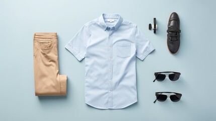 Top view Men's casual outfits with man clothing and accessories on, light blue background.  - obrazy, fototapety, plakaty