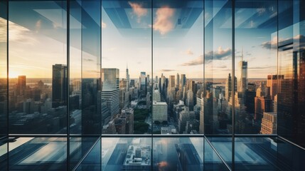 View through glass windows for take aerial view of buildings in the city - obrazy, fototapety, plakaty