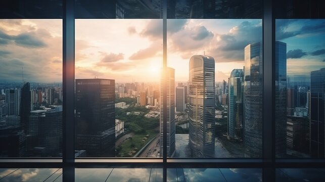 Fototapeta Sunrise or sunset with the city,View through glass windows for take aerial view of buildings in the city