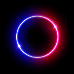 Glowing neon light red blue circle isolated on black background. Abstract round electric frame. Geometric fashion design vector illustration. Empty minimal ring art decoration