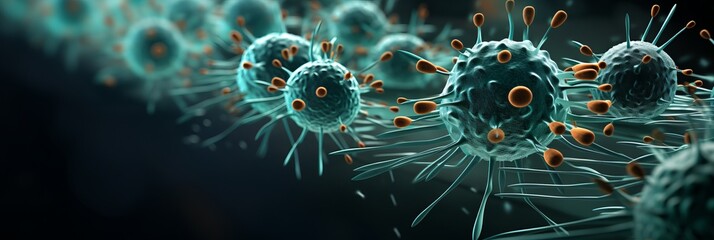 Close up view of a flu covid 19 virus cell on a dramatic outbreak influenza background - obrazy, fototapety, plakaty