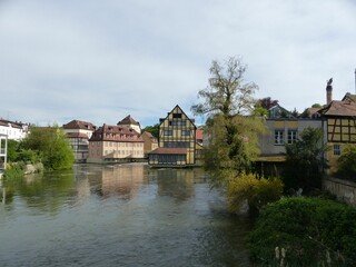 Aerial view of lake surrounded by buildings in Bamberg
