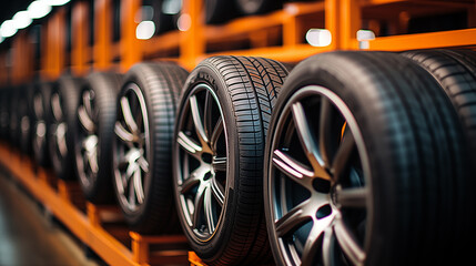 Fototapeta premium Car tires in the shop. Auto service industry. Selective focus. 3d rendering of car tires in a car repair service station. Rows of car tires in warehouse. 