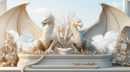 Two majestic white statues of dragons with outstretched wings stand guard. Symbol of the 2024 new year according to the Eastern calendar - obrazy, fototapety, plakaty