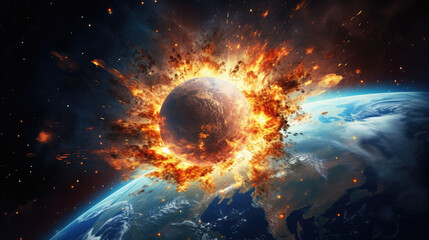 A flying burning exoplanet in flames entering the ozone layer. Collision with the planet earth. Fictional state of the cosmos - obrazy, fototapety, plakaty