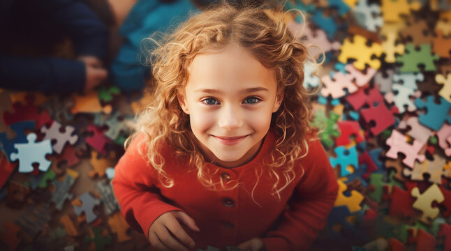 A cute curly-haired girl with autism syndrome looks up at the camera. A bunch of colorful puzzle pieces on the floor - Powered by Adobe